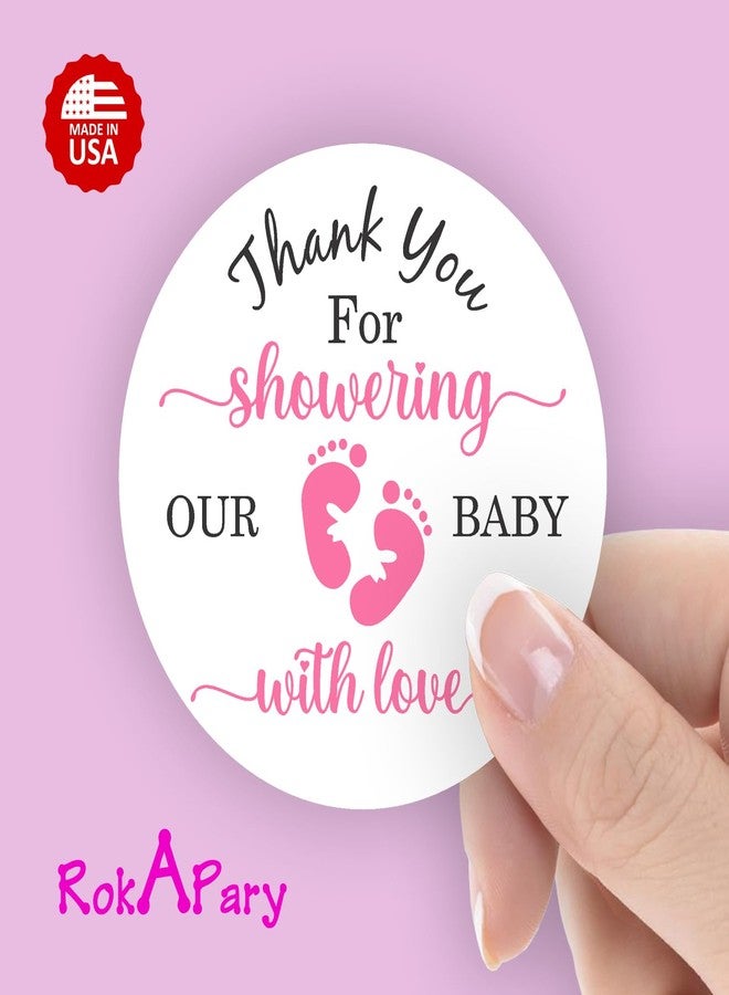 RokAPary 40 Thank You for Showering Our Baby with Love Stickers, 2 Inch Big Round Glossy Labels, Pink Footprints Theme for Girl, Great for Party Favors, Tags, Games and Supplies. Made in USA - Image 2